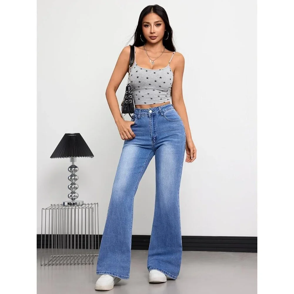 Women's Stretchy High Waisted Bootcut Jeans Retro Flare Wide Leg Pants